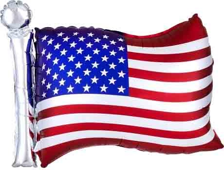 27-inch foil balloon shaped like the American flag with satin finish and detailed stars and stripes.