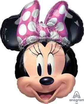 26-inch foil balloon shaped like Minnie Mouse’s head with black ears and a shiny pink bow with white polka dots.