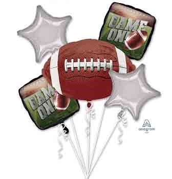 Five foil balloons bouquet including one brown football-shaped balloon, two silver star-shaped balloons, and two rectangular