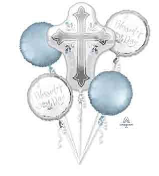Set of five foil balloons with two silver crosses, two light blue round balloons, and one white balloon with silver text.