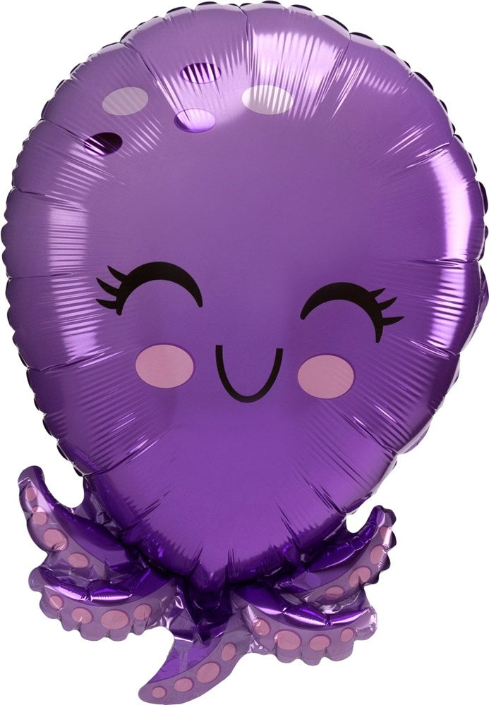 Purple foil octopus balloon with smiling face and closed eyes, 8 tentacles detailed.