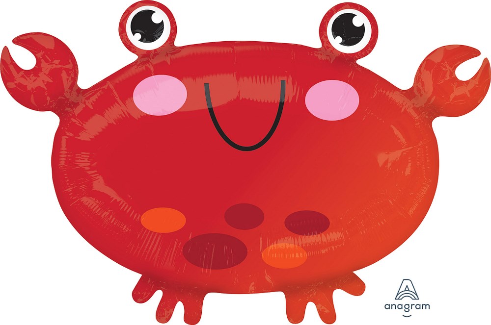 Red foil balloon shaped like a smiling crab with large eyes and pink cheeks, 21 inches wide.