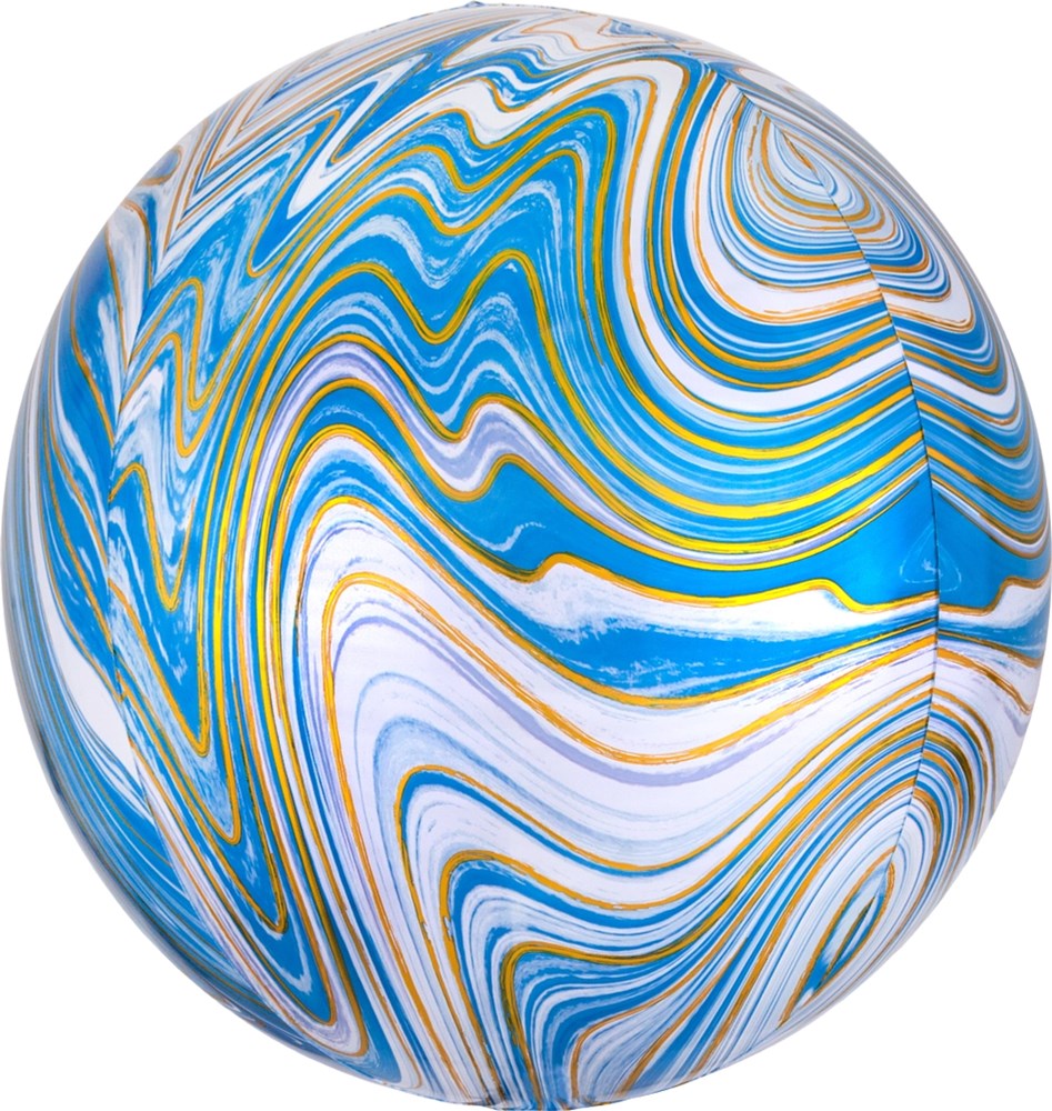 16-inch round foil balloon with blue, white, gold, and teal marble swirl pattern.