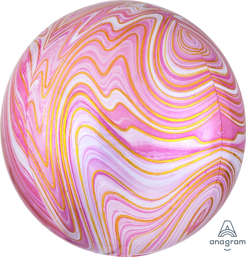 16-inch round foil balloon with pink, white, and gold marble swirl design.