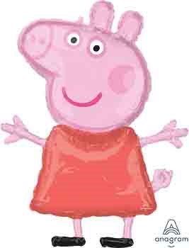 Pink Peppa Pig foil balloon with red dress and outstretched arms, smiling face.