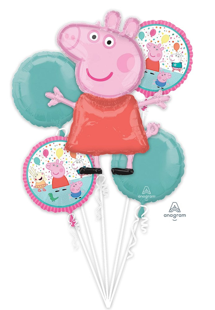 Set of five foil balloons featuring Peppa Pig in a red dress and teal round balloons with birthday cakes.