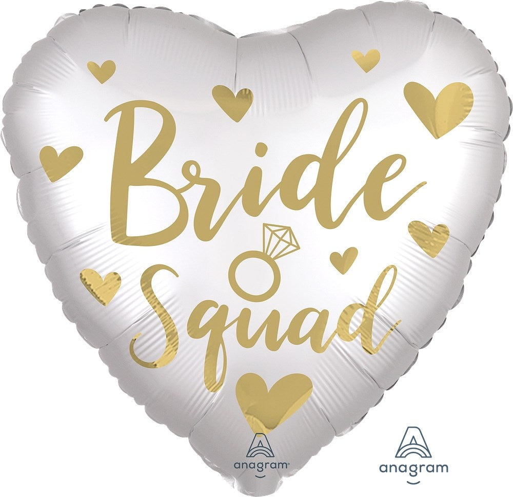 White heart-shaped foil balloon with gold "Bride Squad" text surrounded by gold hearts and a diamond ring icon.