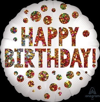 18-inch round white foil balloon with multicolored sequin-style "Happy Birthday!" text and scattered sequin dots.