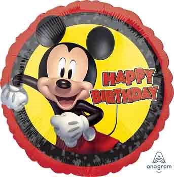 Round foil balloon featuring Mickey Mouse on a yellow background with red and black border and "Happy Birthday" in red.