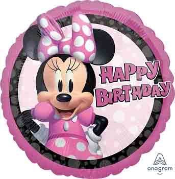 Round pink foil balloon featuring Minnie Mouse in a pink polka dot dress and bow with "Happy Birthday" text.