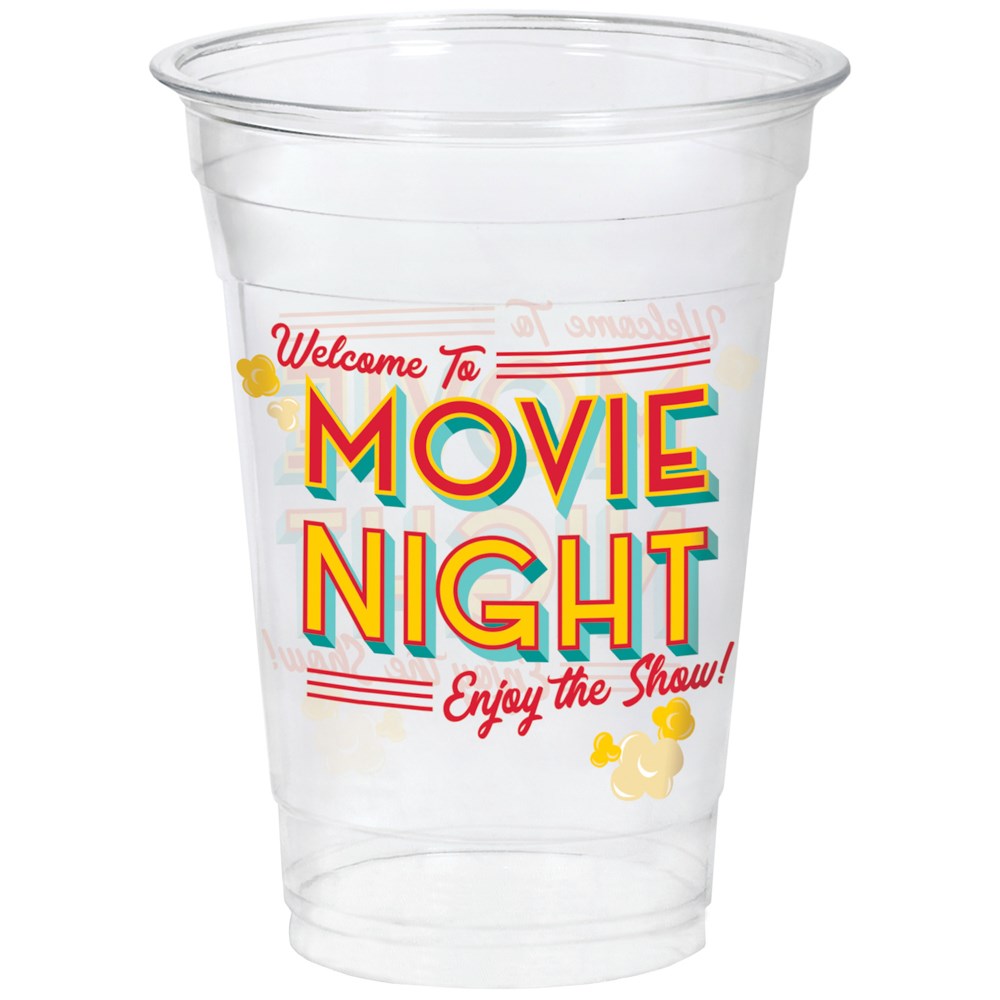Clear 16-ounce plastic tumbler with colorful "Welcome to Movie Night" text and popcorn graphics.