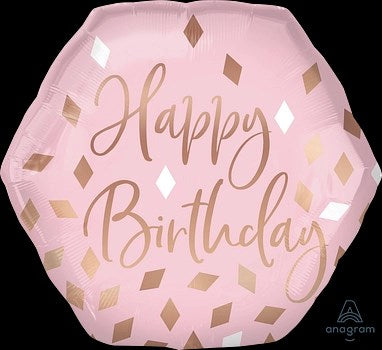 23 inch blush pink foil balloon with "Happy Birthday" in rose gold script and geometric confetti accents.