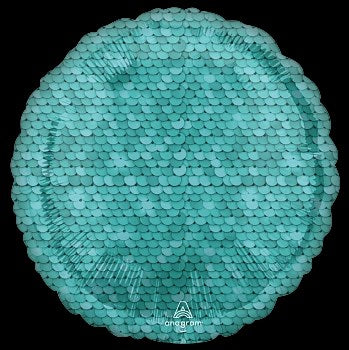 Round 18-inch ocean blue foil balloon with shiny sequin pattern and scalloped edges.