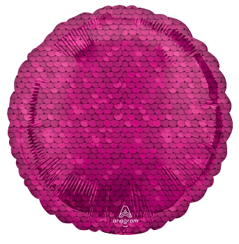 Round 18-inch bright pink foil balloon with shiny sequin-style pattern.