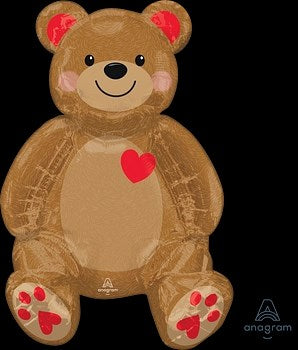 Brown foil teddy bear balloon with pink inner ears, paw prints, a red heart, and a smiling face.