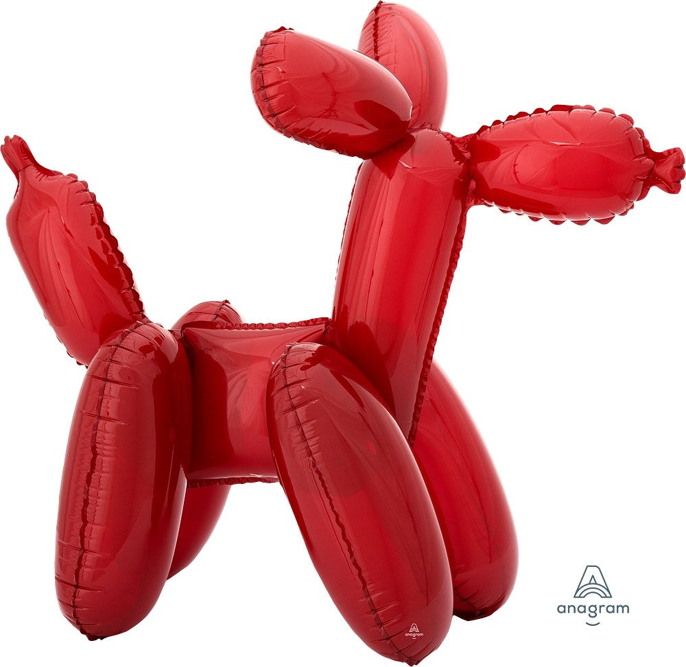 Shiny red foil balloon shaped like a 19-inch balloon dog with pointed ears and tail.