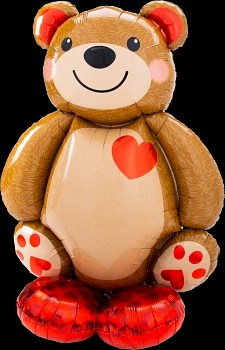 Brown and beige foil teddy bear balloon with red heart and paw prints, sitting pose, shiny finish.