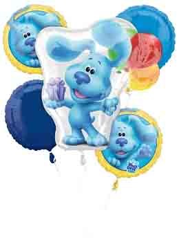 Blue's Clues foil balloon bouquet with large character-shaped balloon and four round balloons in blue, yellow, and red.