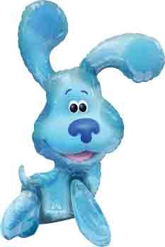 Light blue foil balloon shaped like Blue from Blue’s Clues with cartoon facial features and floppy ears.