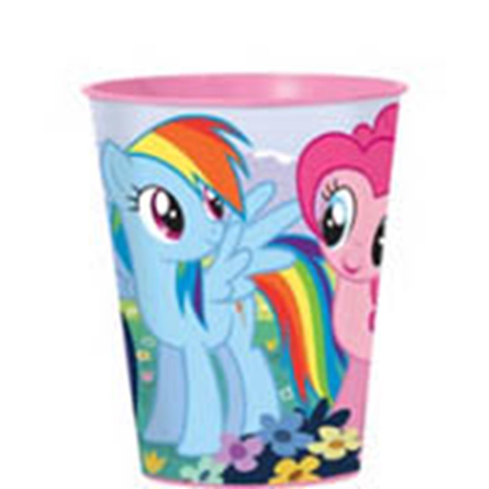 16oz plastic cup with blue and pink My Little Pony characters, rainbow accents, and floral base.