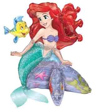 An Ariel the Little Mermaid foil balloon featuring Ariel with red hair, purple shell top, and green tail, holding a yellow.