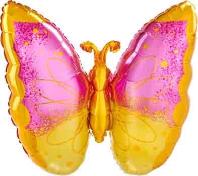 Pink and yellow foil butterfly balloon with glitter accents and a 25-inch wingspan.