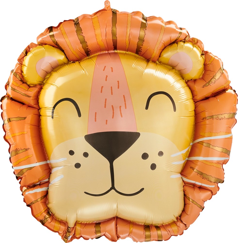 28-inch round foil balloon shaped like a smiling lion's face with orange mane and yellow face.