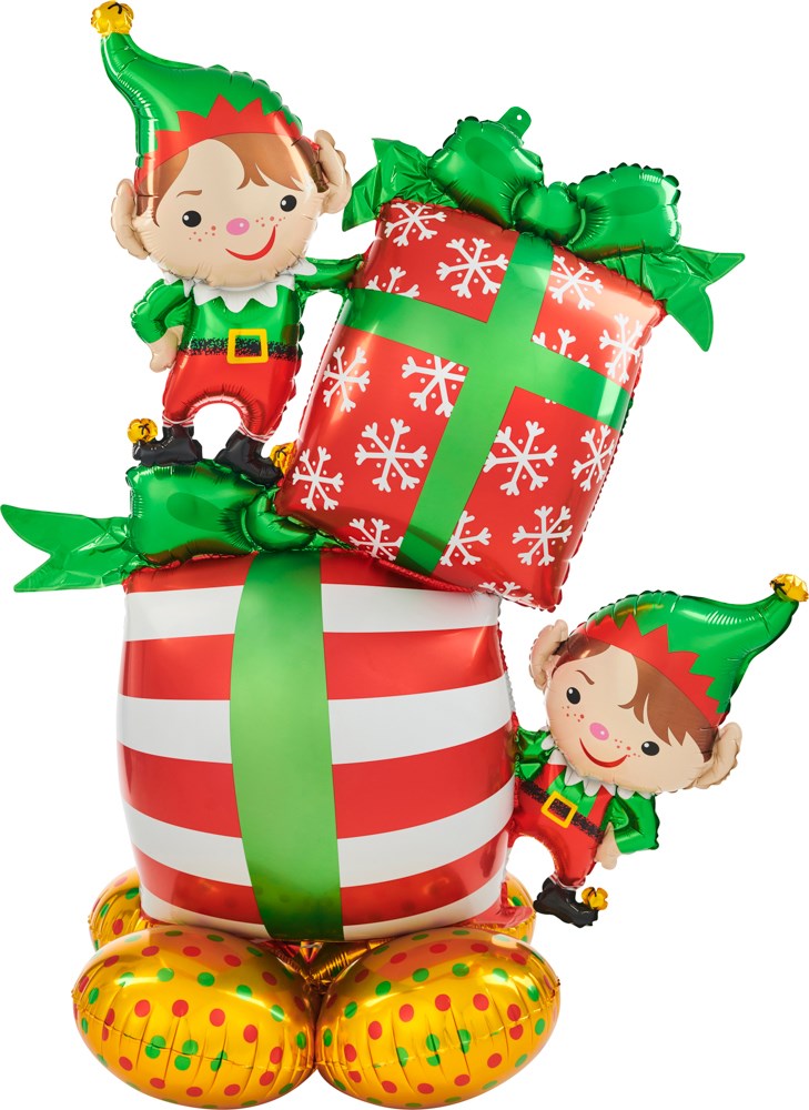 53-inch foil balloon with two smiling elves, red and white striped gift, green ribbon, and gold polka dot base.