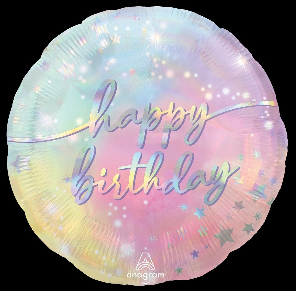 Round iridescent foil balloon with "happy birthday" in shiny script and star accents.