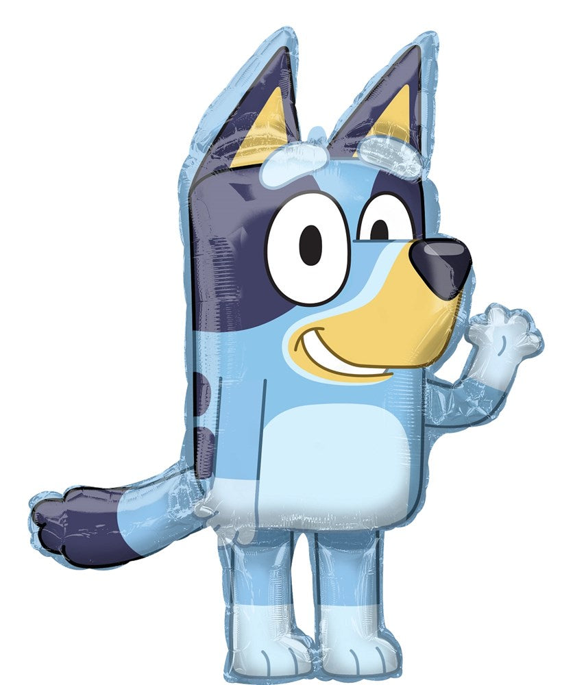 Bluey character shaped foil balloon in shades of blue, yellow, and white, 32 inches tall.