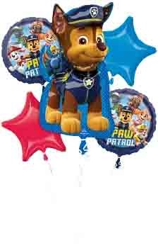 Five-piece Paw Patrol foil balloon set featuring Chase figure balloon, two round character balloons, one red star balloon,.