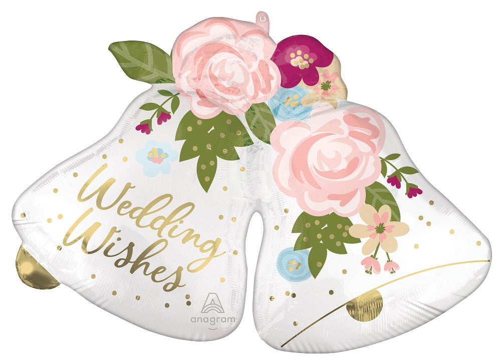 White foil balloon shaped like two wedding bells with pink flowers and gold accents, "Wedding Wishes" text in gold cursive.