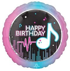 18-inch round foil balloon with pink, purple, and blue gradient border, black center, "Happy Birthday" text, music note, and