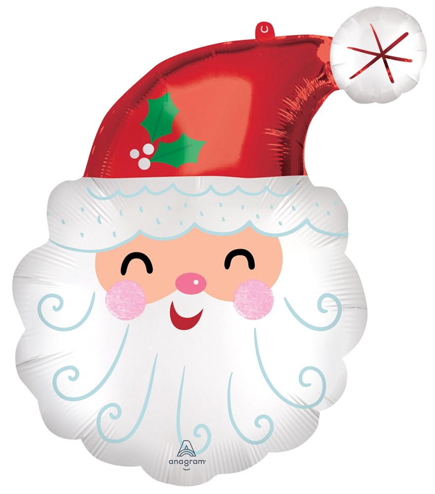 Red and white Santa head foil balloon with holly detail and smiling face, 27 inches flat.