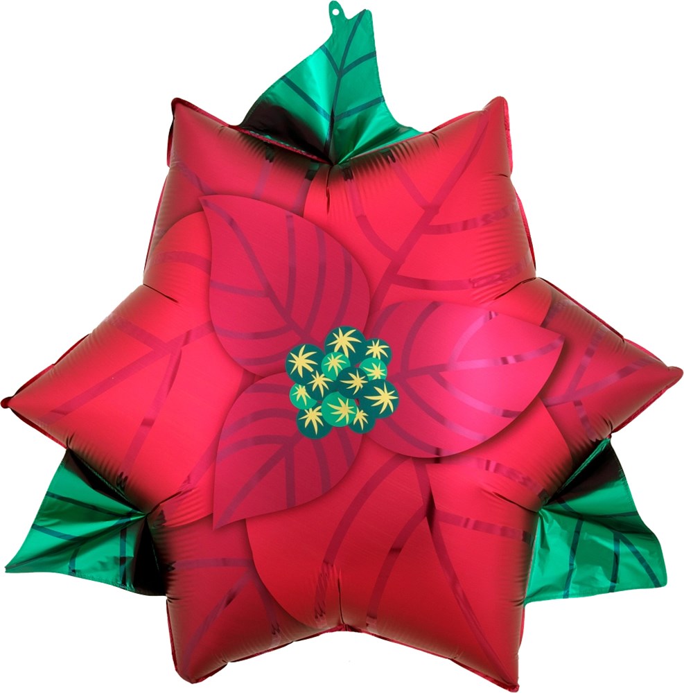 Red satin poinsettia-shaped foil balloon with green leaves and yellow center accents, 26 inches.