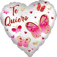 18-inch heart-shaped white satin foil balloon with pink and red butterflies and "Te Quiero" in red cursive letters.