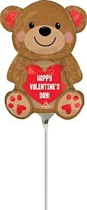 14-inch foil balloon shaped like a brown teddy bear holding a red heart that reads "Happy Valentine's Day".