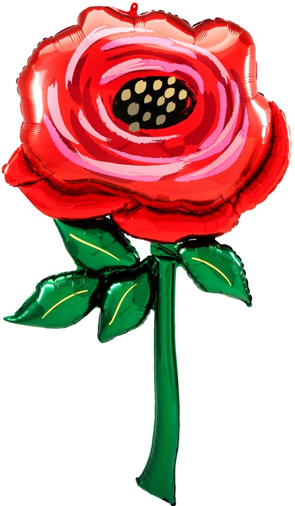 Red foil rose-shaped balloon with black and gold center, green foil stem and leaves, 62-inch size.
