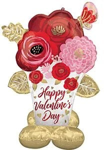 53-inch foil balloon shaped like a bouquet with red and pink painted flowers, gold leaves, and "Happy Valentine's Day" text.