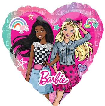 Heart-shaped foil balloon featuring two Barbie characters, one with long black hair wearing a checkered top and denim skirt,