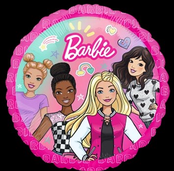 Round pink foil balloon featuring four diverse Barbie characters with colorful icons and "Barbie" logo.