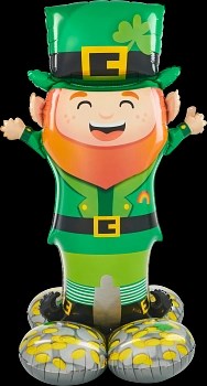 53-inch foil balloon shaped like a smiling leprechaun wearing a green hat and outfit with gold buckle details.