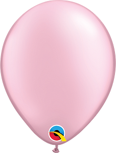 Single shiny pearl pink latex balloon with a smooth, round surface and a matte finish at the tied end.