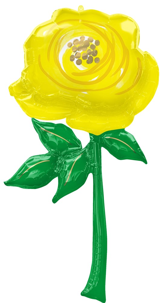 Yellow foil flower balloon with green stem and leaves, 55 inches tall, glossy finish.
