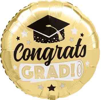 Gold round foil balloon with black graduation cap and "Congrats GRAD!" text in black and white.
