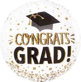 Round white foil balloon with gold confetti, black graduation cap, and gold "Congrats Grad!" text.