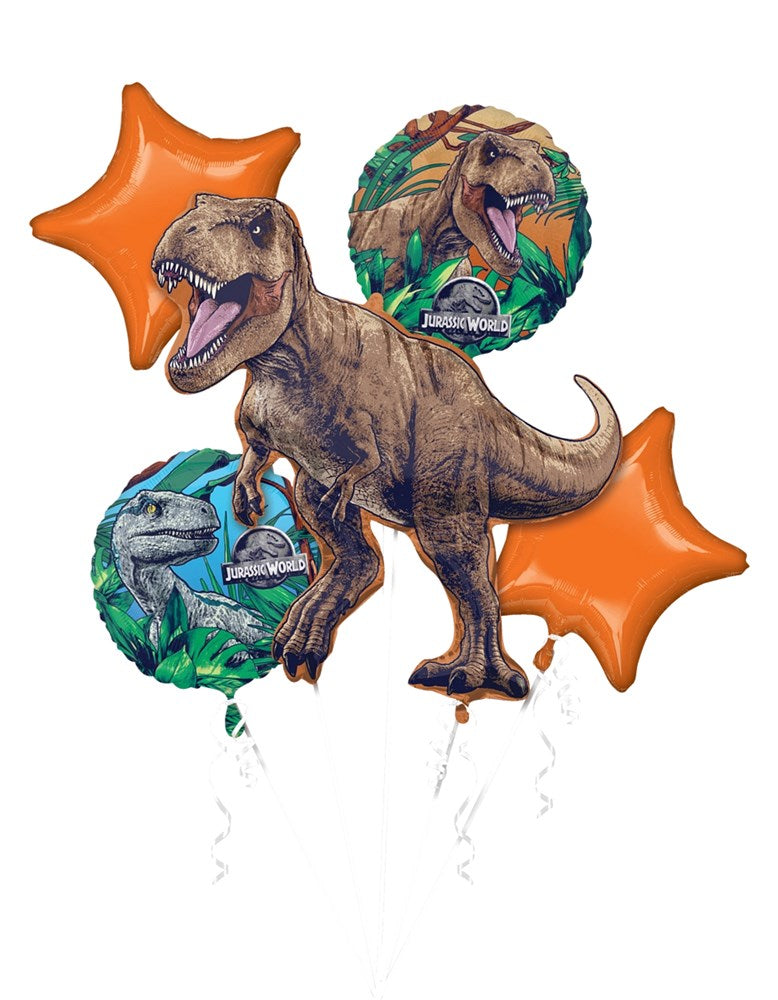 Jurassic World foil balloon set with large brown T-Rex and two green dinosaur face balloons, plus two orange star-shaped.