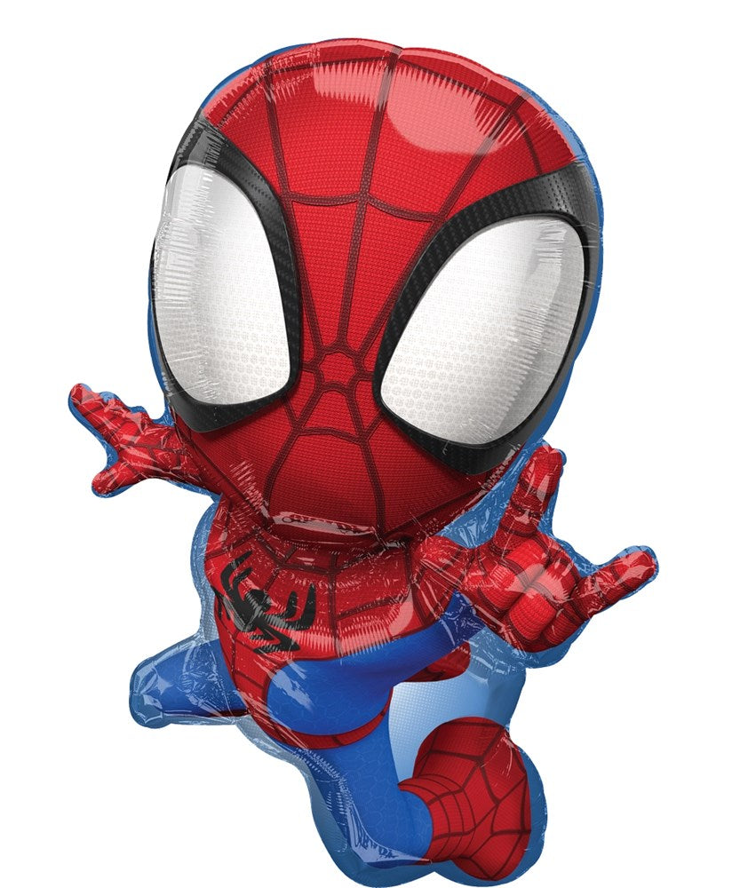 29-inch foil balloon shaped like Spider-Man in red and blue costume with black web patterns and large white eyes.