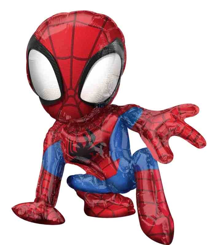 Red and blue foil balloon shaped like sitting Spider-Man with large white eyes and web pattern.