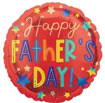 Red round foil balloon with colorful stars and "Happy Father's Day!" text in mixed bright colors.